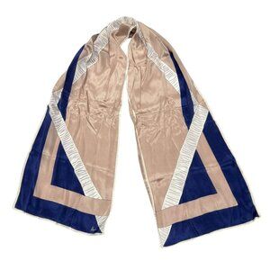 Vera Neumann Blue Tan Silk Scarf Made In Japan Geometric Print Long Rectangle